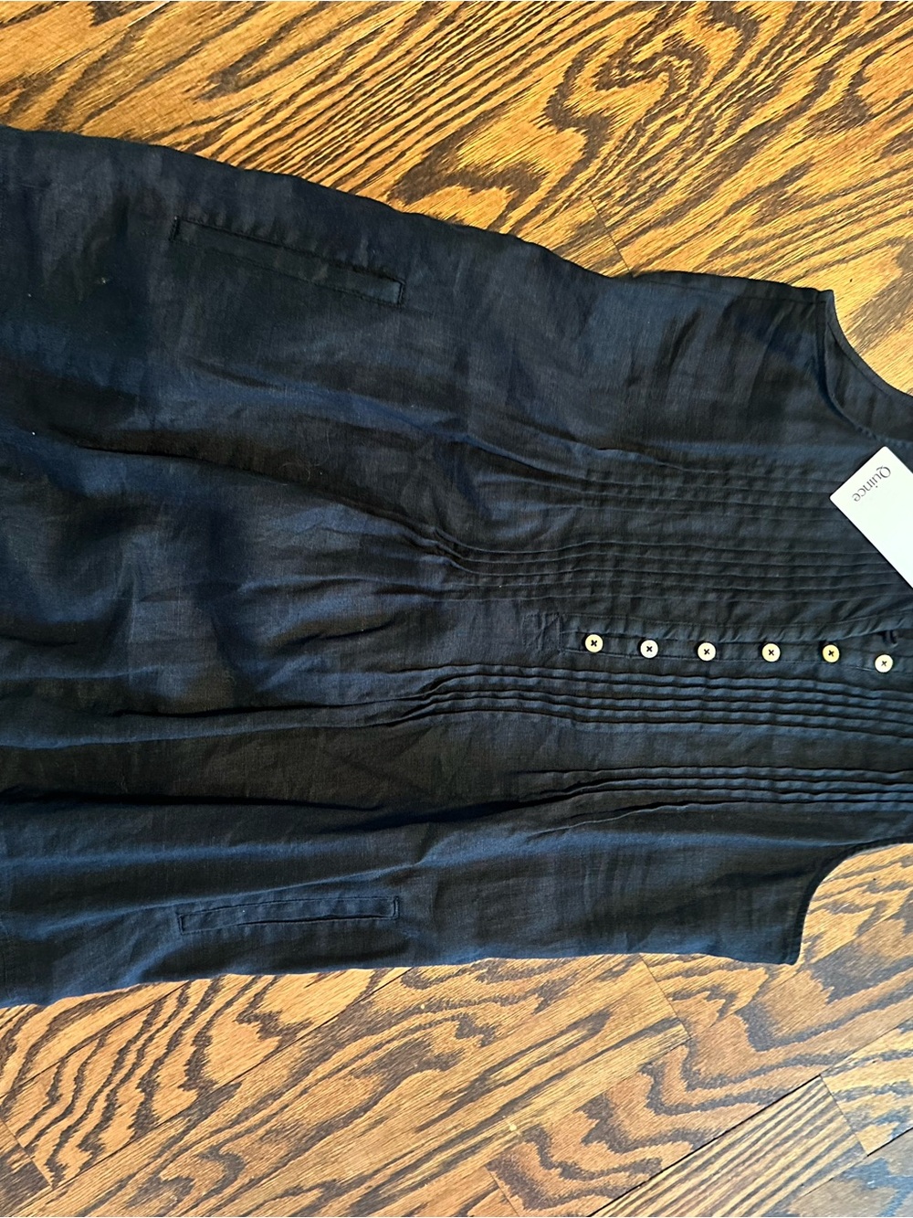 Quince Black Sleeveless Pintuck Button-Front Mini Dress - Picture 4 of 13